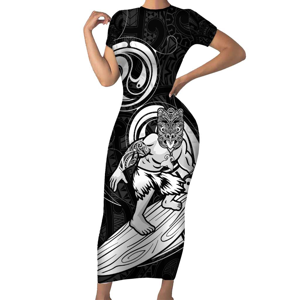 Personalised New Zealand Surfing Short Sleeve Bodycon Dress Aotearoa Maori Tiki Haka LT14 Long Dress Black - Polynesian Pride