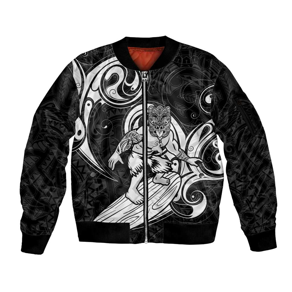Personalised New Zealand Surfing Sleeve Zip Bomber Jacket Aotearoa Maori Tiki Haka LT14 Unisex Black - Polynesian Pride