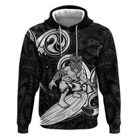 Personalised New Zealand Surfing Zip Hoodie Aotearoa Maori Tiki Haka LT14 Pullover Hoodie Black - Polynesian Pride