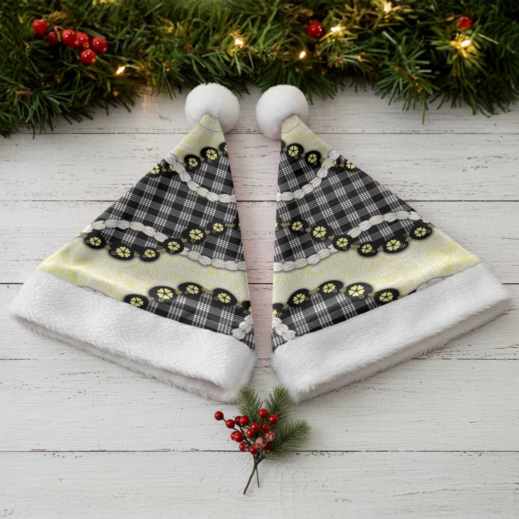 Black Palaka Hawaii Christmas Santa Hat Kukui Nut Pikake Lei Hawaiian Tapa Pattern - Polynesian Pride