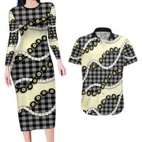 Black Palaka Hawaii Couples Matching Long Sleeve Bodycon Dress and Hawaiian Shirt Kukui Nut Pikake Lei Hawaiian Tapa Pattern LT14 Black - Polynesian Pride