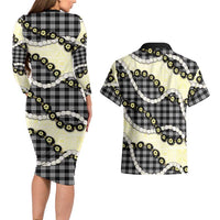 Black Palaka Hawaii Couples Matching Long Sleeve Bodycon Dress and Hawaiian Shirt Kukui Nut Pikake Lei Hawaiian Tapa Pattern LT14 - Polynesian Pride
