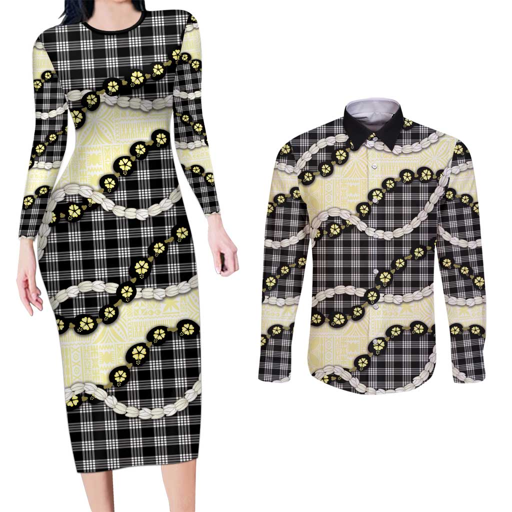 Black Palaka Hawaii Couples Matching Long Sleeve Bodycon Dress and Long Sleeve Button Shirt Kukui Nut Pikake Lei Hawaiian Tapa Pattern LT14 Black - Polynesian Pride