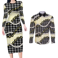 Black Palaka Hawaii Couples Matching Long Sleeve Bodycon Dress and Long Sleeve Button Shirt Kukui Nut Pikake Lei Hawaiian Tapa Pattern LT14 Black - Polynesian Pride