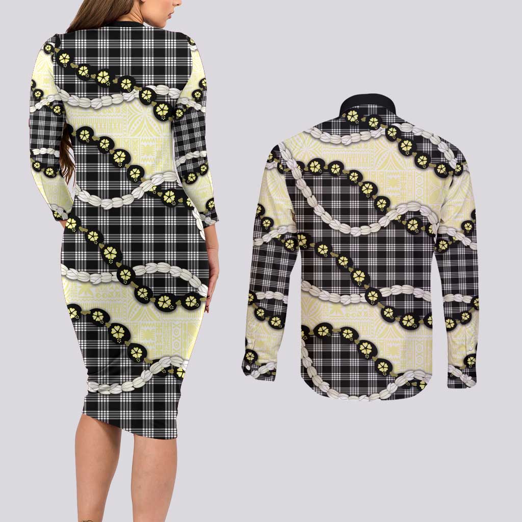 Black Palaka Hawaii Couples Matching Long Sleeve Bodycon Dress and Long Sleeve Button Shirt Kukui Nut Pikake Lei Hawaiian Tapa Pattern LT14 - Polynesian Pride