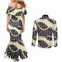 Black Palaka Hawaii Couples Matching Mermaid Dress and Long Sleeve Button Shirt Kukui Nut Pikake Lei Hawaiian Tapa Pattern LT14 - Polynesian Pride