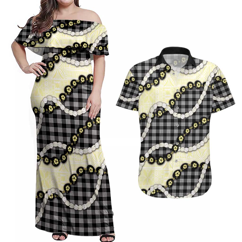 Black Palaka Hawaii Couples Matching Off Shoulder Maxi Dress and Hawaiian Shirt Kukui Nut Pikake Lei Hawaiian Tapa Pattern LT14 Black - Polynesian Pride