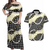 Black Palaka Hawaii Couples Matching Off Shoulder Maxi Dress and Hawaiian Shirt Kukui Nut Pikake Lei Hawaiian Tapa Pattern LT14 Black - Polynesian Pride