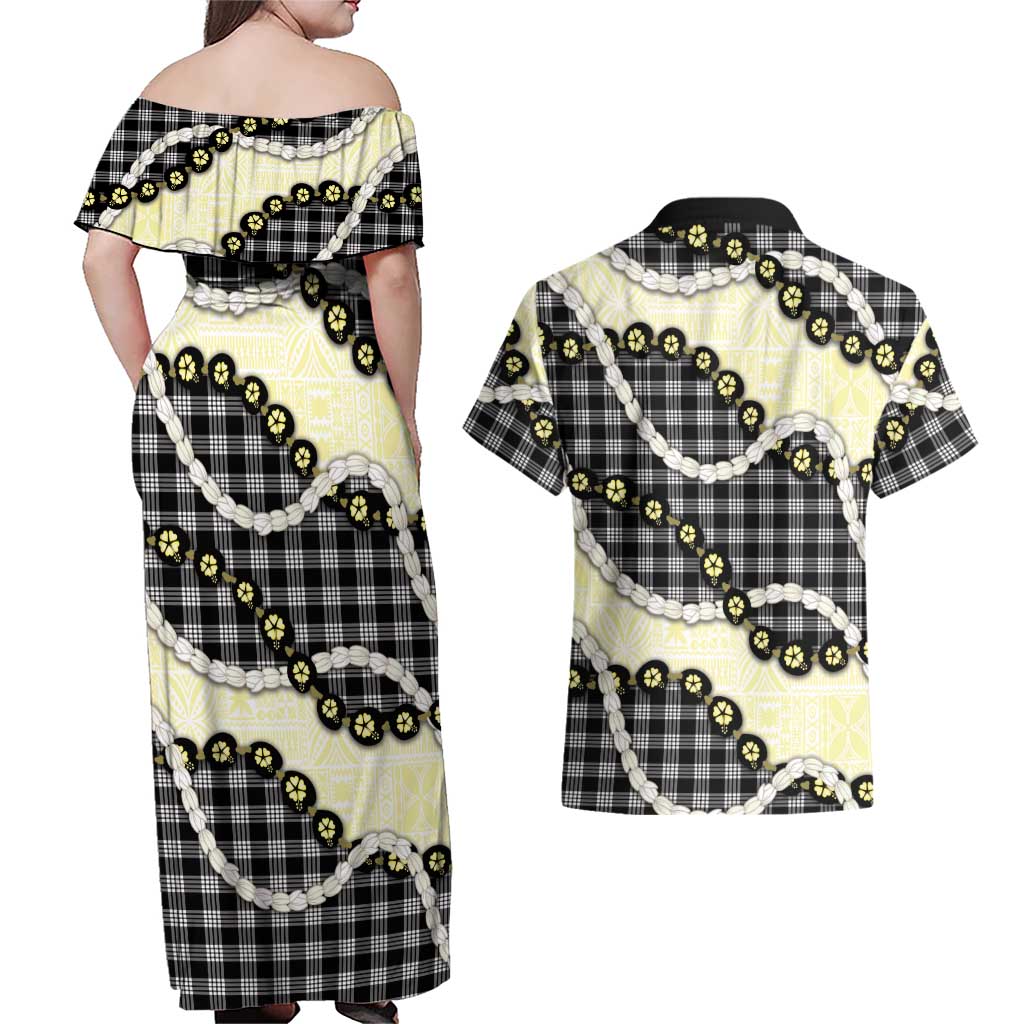 Black Palaka Hawaii Couples Matching Off Shoulder Maxi Dress and Hawaiian Shirt Kukui Nut Pikake Lei Hawaiian Tapa Pattern LT14 - Polynesian Pride