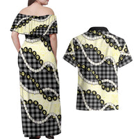 Black Palaka Hawaii Couples Matching Off Shoulder Maxi Dress and Hawaiian Shirt Kukui Nut Pikake Lei Hawaiian Tapa Pattern LT14 - Polynesian Pride