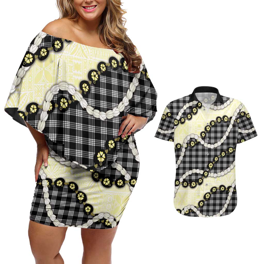Black Palaka Hawaii Couples Matching Off Shoulder Short Dress and Hawaiian Shirt Kukui Nut Pikake Lei Hawaiian Tapa Pattern LT14 Black - Polynesian Pride
