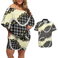 Black Palaka Hawaii Couples Matching Off Shoulder Short Dress and Hawaiian Shirt Kukui Nut Pikake Lei Hawaiian Tapa Pattern LT14 Black - Polynesian Pride