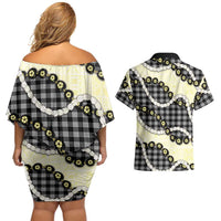 Black Palaka Hawaii Couples Matching Off Shoulder Short Dress and Hawaiian Shirt Kukui Nut Pikake Lei Hawaiian Tapa Pattern LT14 - Polynesian Pride