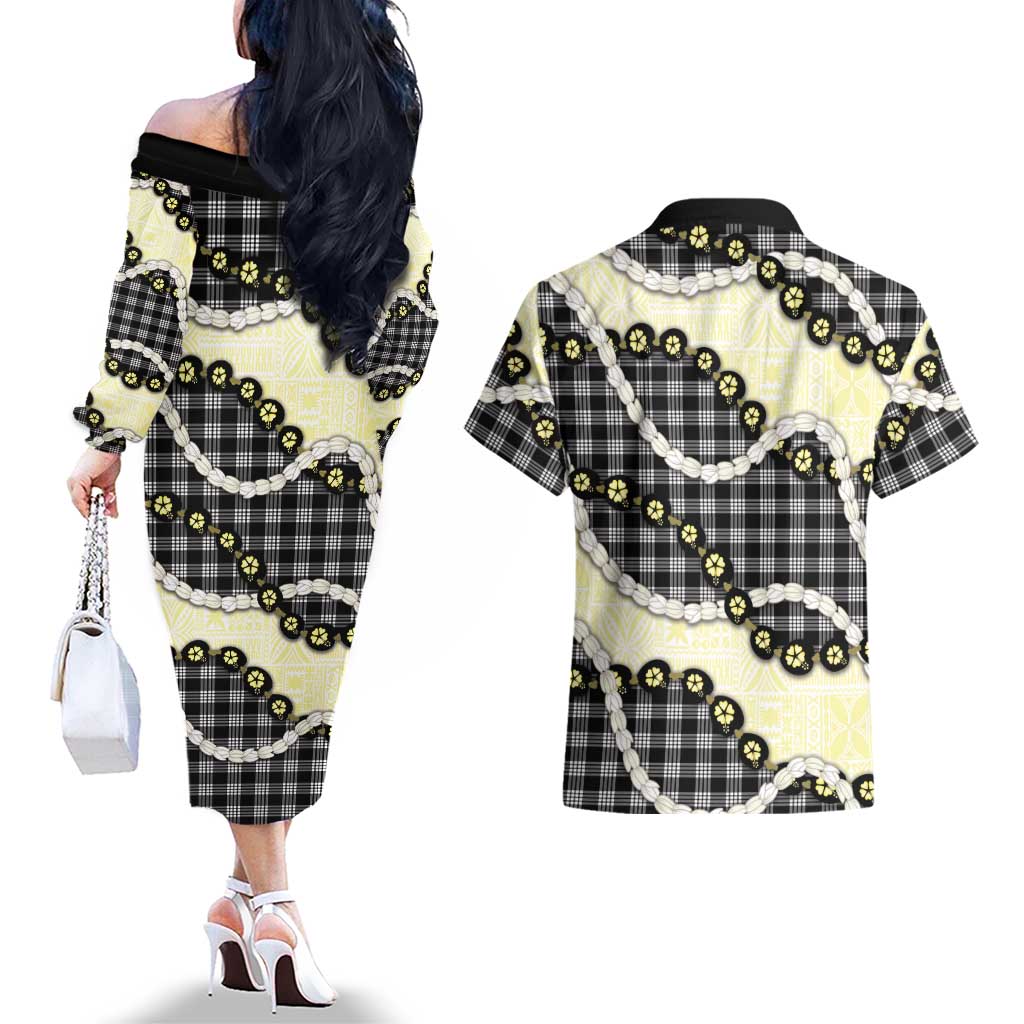 Black Palaka Hawaii Couples Matching Off The Shoulder Long Sleeve Dress and Hawaiian Shirt Kukui Nut Pikake Lei Hawaiian Tapa Pattern LT14 - Polynesian Pride