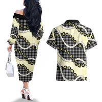 Black Palaka Hawaii Couples Matching Off The Shoulder Long Sleeve Dress and Hawaiian Shirt Kukui Nut Pikake Lei Hawaiian Tapa Pattern LT14 - Polynesian Pride
