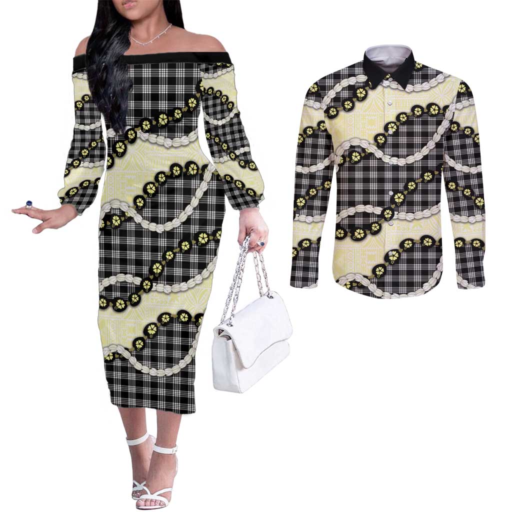 Black Palaka Hawaii Couples Matching Off The Shoulder Long Sleeve Dress and Long Sleeve Button Shirt Kukui Nut Pikake Lei Hawaiian Tapa Pattern LT14 Black - Polynesian Pride