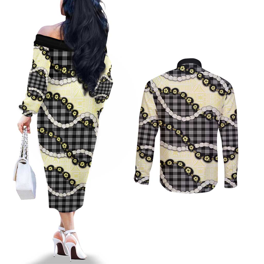 Black Palaka Hawaii Couples Matching Off The Shoulder Long Sleeve Dress and Long Sleeve Button Shirt Kukui Nut Pikake Lei Hawaiian Tapa Pattern LT14 - Polynesian Pride