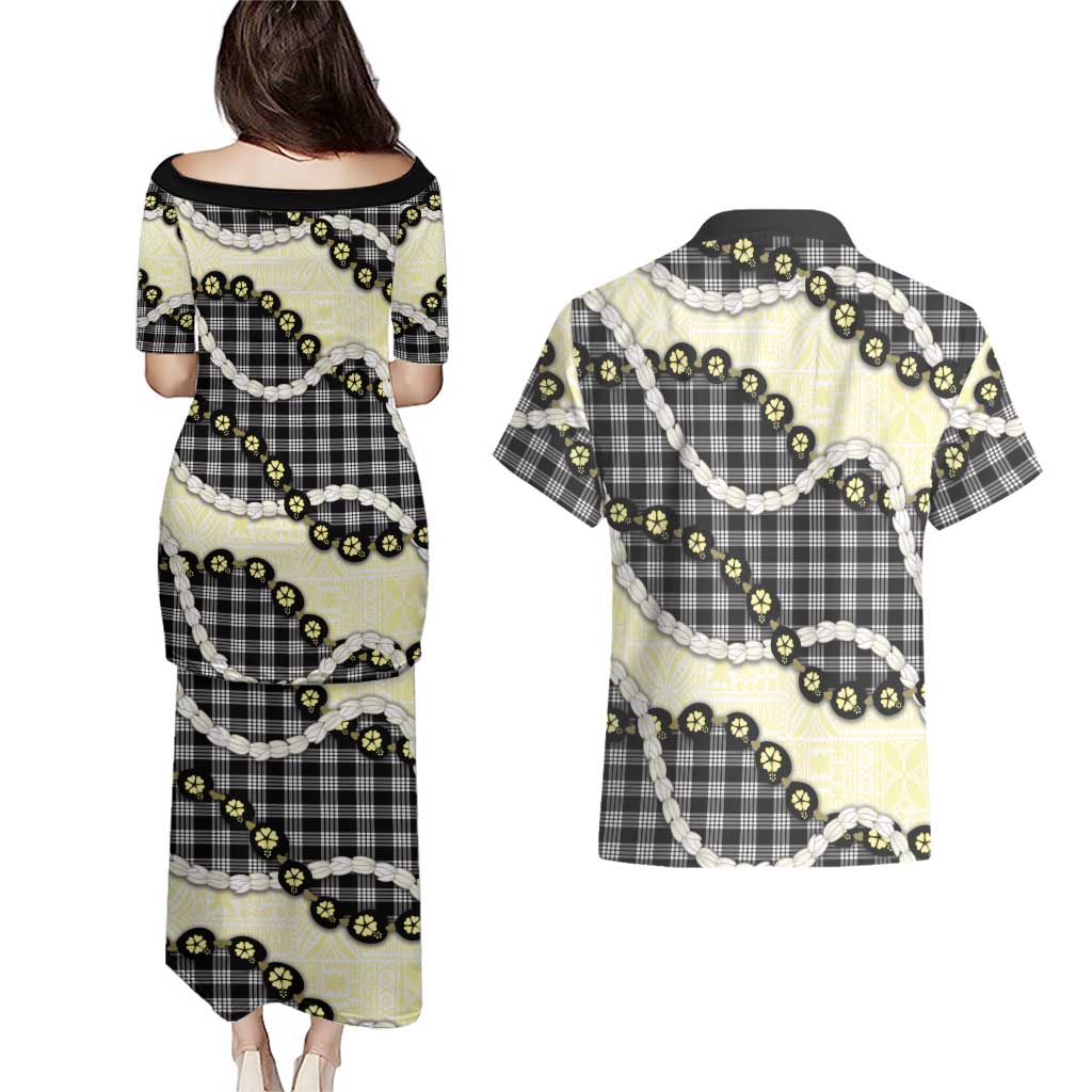 Black Palaka Hawaii Couples Matching Puletasi and Hawaiian Shirt Kukui Nut Pikake Lei Hawaiian Tapa Pattern - Polynesian Pride