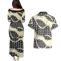 Black Palaka Hawaii Couples Matching Puletasi and Hawaiian Shirt Kukui Nut Pikake Lei Hawaiian Tapa Pattern - Polynesian Pride