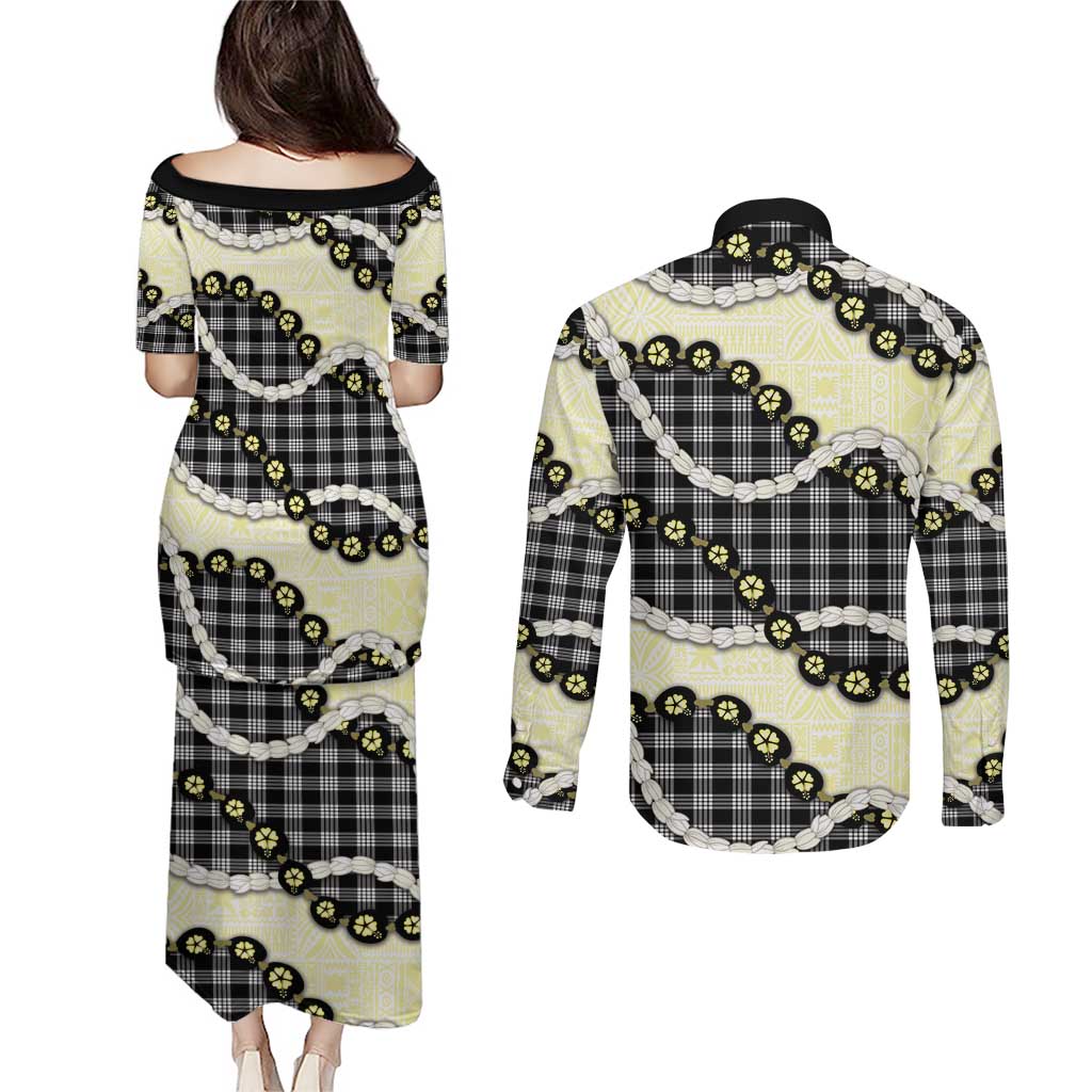 Black Palaka Hawaii Couples Matching Puletasi and Long Sleeve Button Shirt Kukui Nut Pikake Lei Hawaiian Tapa Pattern LT14 - Polynesian Pride