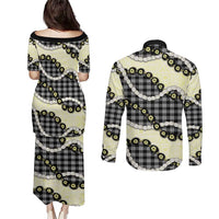 Black Palaka Hawaii Couples Matching Puletasi and Long Sleeve Button Shirt Kukui Nut Pikake Lei Hawaiian Tapa Pattern LT14 - Polynesian Pride
