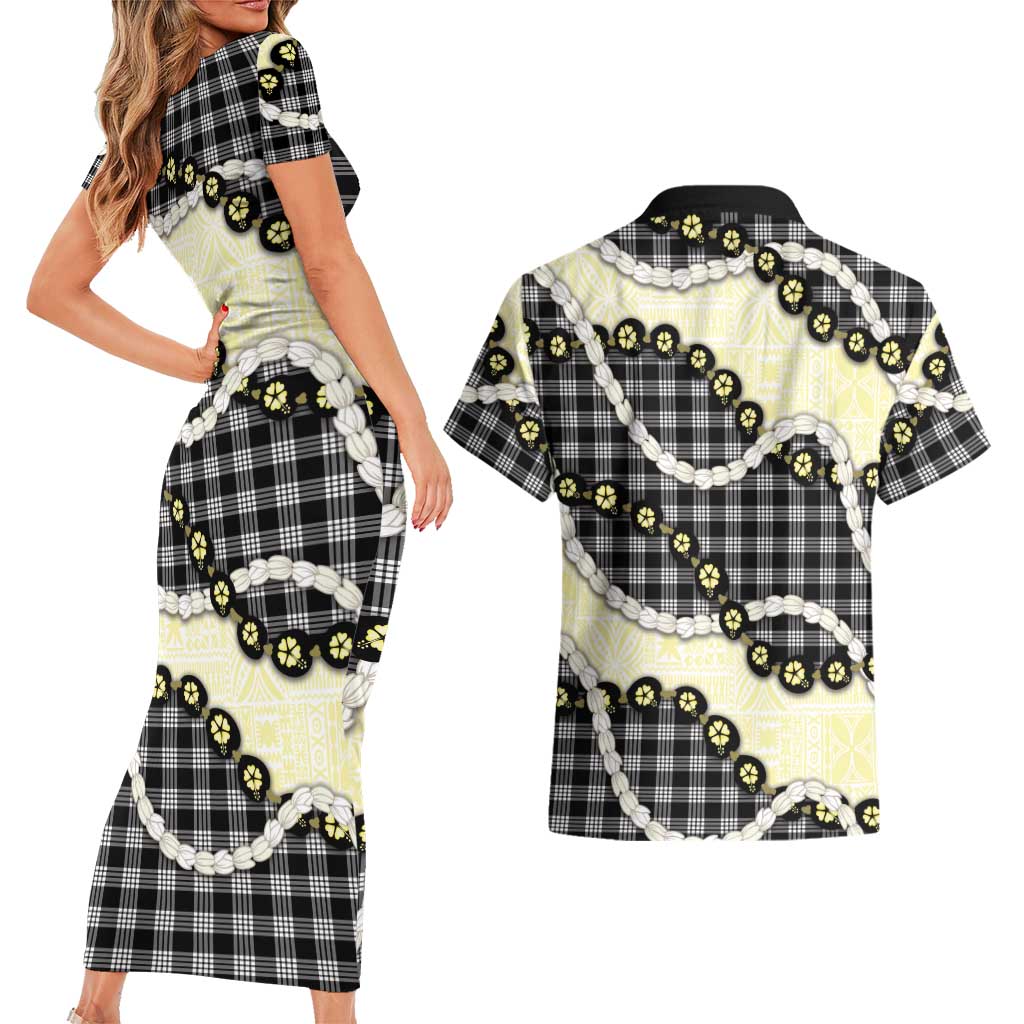 Black Palaka Hawaii Couples Matching Short Sleeve Bodycon Dress and Hawaiian Shirt Kukui Nut Pikake Lei Hawaiian Tapa Pattern LT14 - Polynesian Pride
