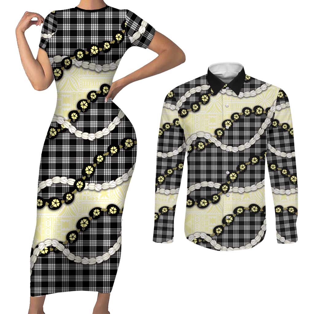 Black Palaka Hawaii Couples Matching Short Sleeve Bodycon Dress and Long Sleeve Button Shirt Kukui Nut Pikake Lei Hawaiian Tapa Pattern LT14 Black - Polynesian Pride