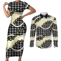 Black Palaka Hawaii Couples Matching Short Sleeve Bodycon Dress and Long Sleeve Button Shirt Kukui Nut Pikake Lei Hawaiian Tapa Pattern LT14 Black - Polynesian Pride