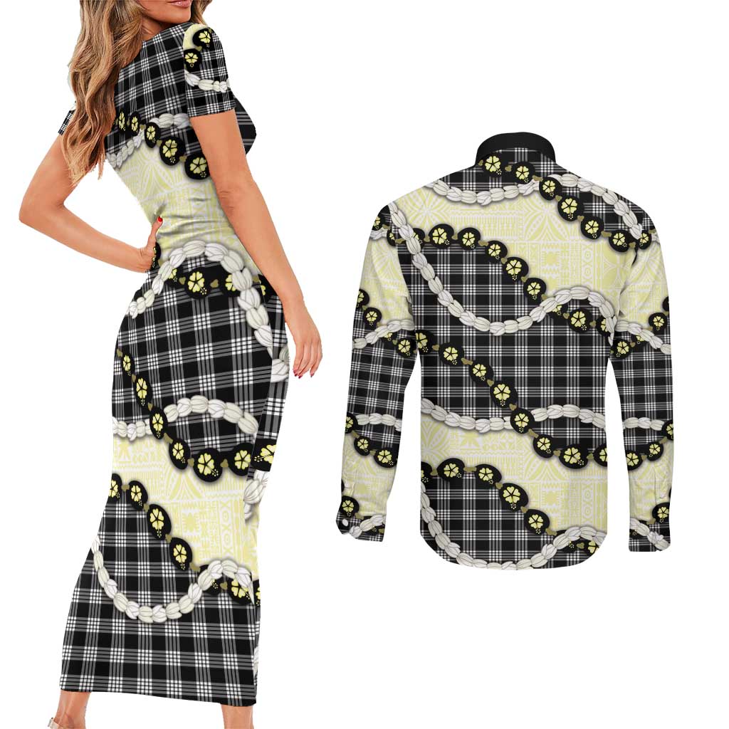 Black Palaka Hawaii Couples Matching Short Sleeve Bodycon Dress and Long Sleeve Button Shirt Kukui Nut Pikake Lei Hawaiian Tapa Pattern LT14 - Polynesian Pride