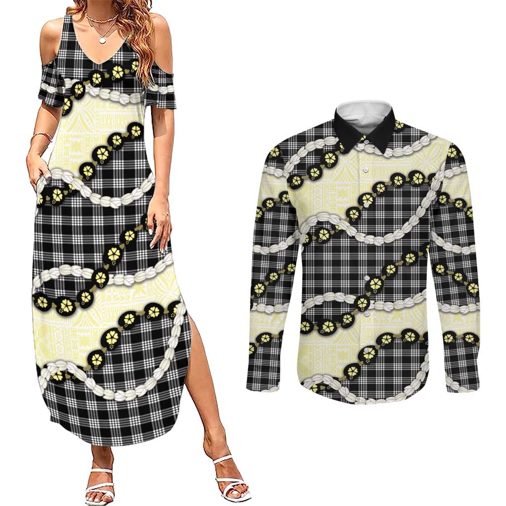 Black Palaka Hawaii Couples Matching Summer Maxi Dress and Long Sleeve Button Shirt Kukui Nut Pikake Lei Hawaiian Tapa Pattern - Polynesian Pride