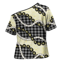 Black Palaka Hawaii Cross Shoulder Shirt Kukui Nut Pikake Lei Hawaiian Tapa Pattern - Polynesian Pride