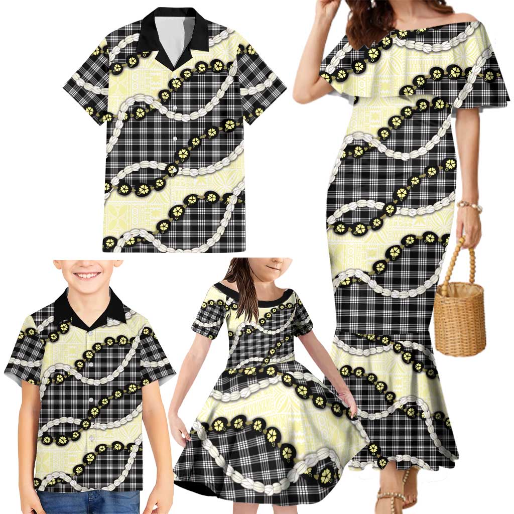 Black Palaka Hawaii Family Matching Mermaid Dress and Hawaiian Shirt Kukui Nut Pikake Lei Hawaiian Tapa Pattern LT14 - Polynesian Pride