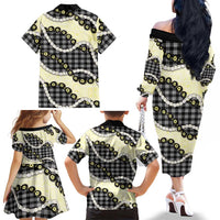 Black Palaka Hawaii Family Matching Off The Shoulder Long Sleeve Dress and Hawaiian Shirt Kukui Nut Pikake Lei Hawaiian Tapa Pattern LT14 - Polynesian Pride