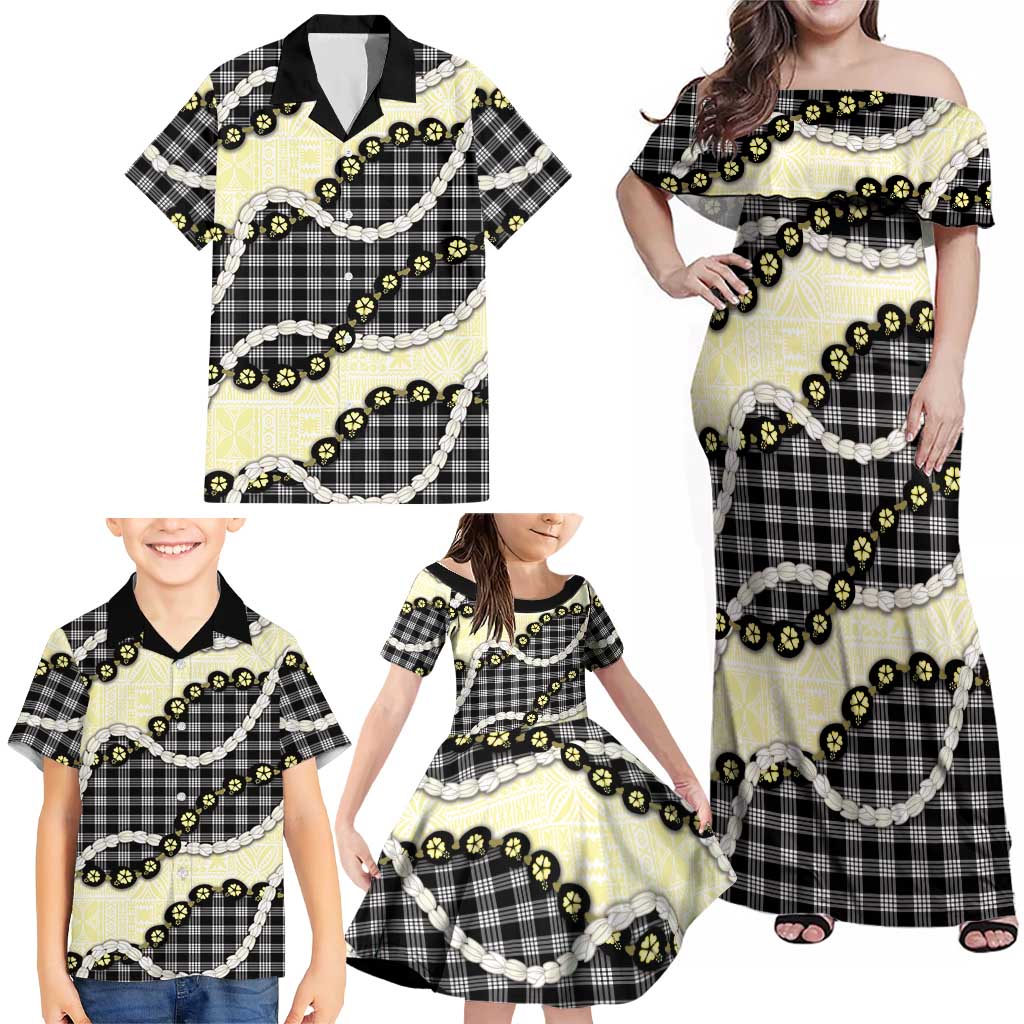 Black Palaka Hawaii Family Matching Off Shoulder Maxi Dress and Hawaiian Shirt Kukui Nut Pikake Lei Hawaiian Tapa Pattern LT14 - Polynesian Pride