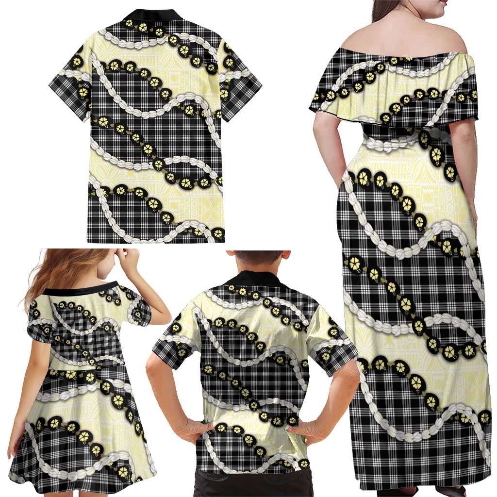 Black Palaka Hawaii Family Matching Off Shoulder Maxi Dress and Hawaiian Shirt Kukui Nut Pikake Lei Hawaiian Tapa Pattern LT14 - Polynesian Pride