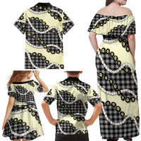 Black Palaka Hawaii Family Matching Off Shoulder Maxi Dress and Hawaiian Shirt Kukui Nut Pikake Lei Hawaiian Tapa Pattern LT14 - Polynesian Pride