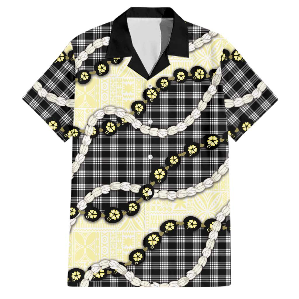 Black Palaka Hawaii Family Matching Off Shoulder Maxi Dress and Hawaiian Shirt Kukui Nut Pikake Lei Hawaiian Tapa Pattern LT14 Dad's Shirt - Short Sleeve Black - Polynesian Pride