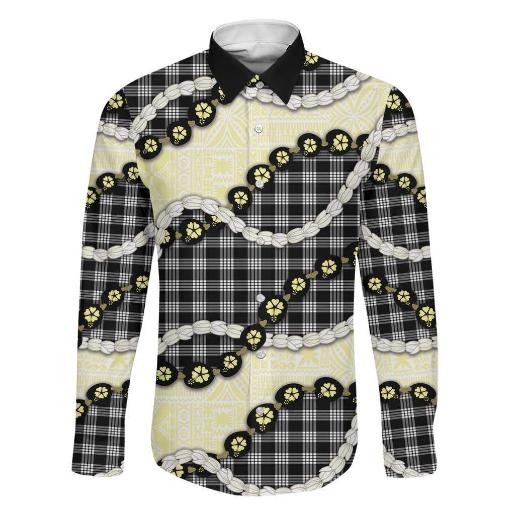 Black Palaka Hawaii Family Matching Off Shoulder Maxi Dress and Hawaiian Shirt Kukui Nut Pikake Lei Hawaiian Tapa Pattern LT14 Dad's Shirt - Long Sleeve Black - Polynesian Pride
