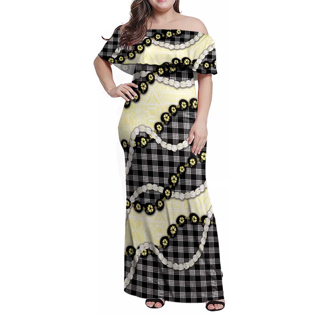 Black Palaka Hawaii Family Matching Off Shoulder Maxi Dress and Hawaiian Shirt Kukui Nut Pikake Lei Hawaiian Tapa Pattern LT14 Mom's Dress Black - Polynesian Pride