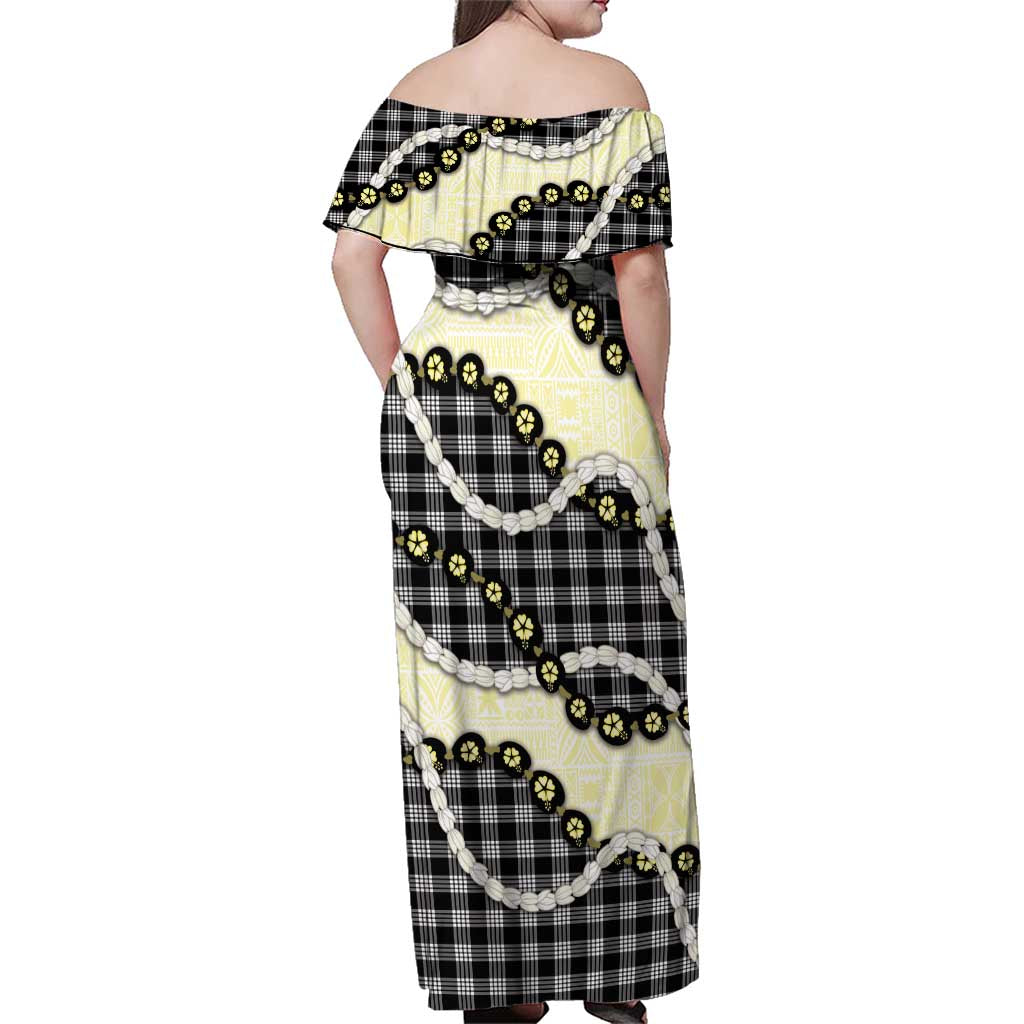 Black Palaka Hawaii Family Matching Off Shoulder Maxi Dress and Hawaiian Shirt Kukui Nut Pikake Lei Hawaiian Tapa Pattern LT14 - Polynesian Pride