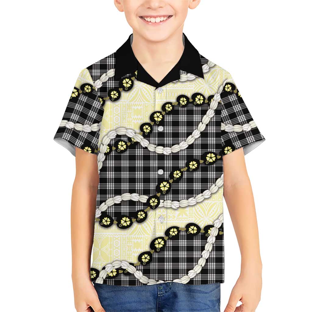 Black Palaka Hawaii Family Matching Off Shoulder Maxi Dress and Hawaiian Shirt Kukui Nut Pikake Lei Hawaiian Tapa Pattern LT14 Son's Shirt Black - Polynesian Pride