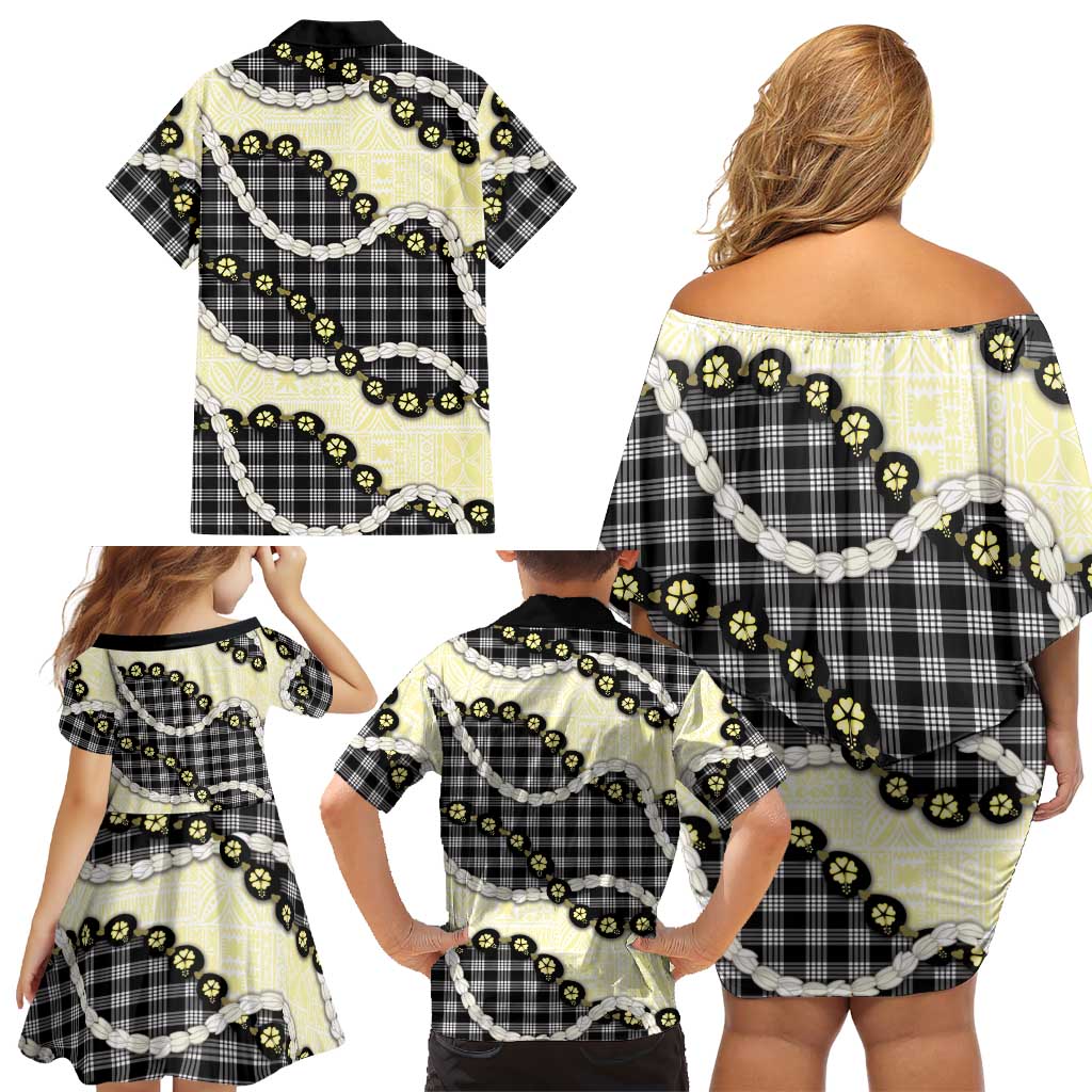 Black Palaka Hawaii Family Matching Off Shoulder Short Dress and Hawaiian Shirt Kukui Nut Pikake Lei Hawaiian Tapa Pattern LT14 - Polynesian Pride