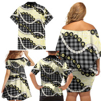 Black Palaka Hawaii Family Matching Off Shoulder Short Dress and Hawaiian Shirt Kukui Nut Pikake Lei Hawaiian Tapa Pattern LT14 - Polynesian Pride