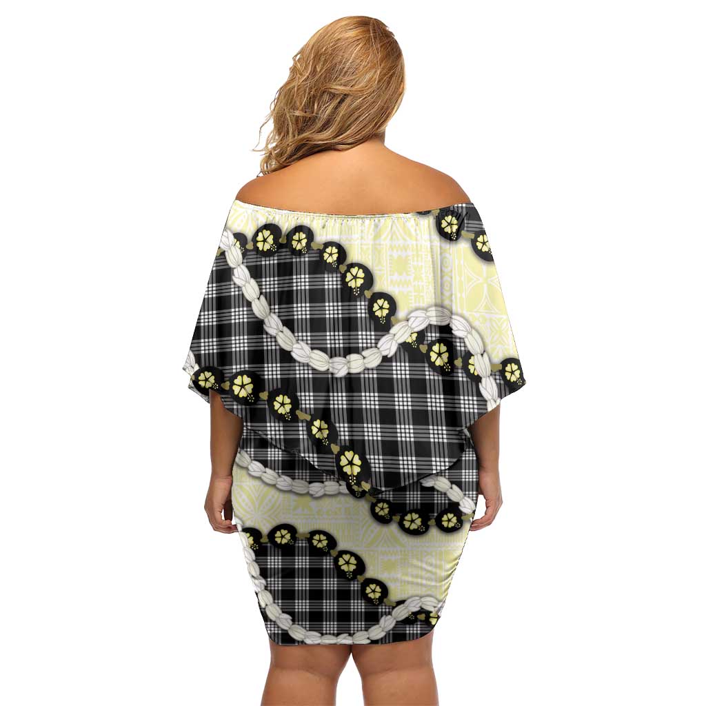 Black Palaka Hawaii Family Matching Off Shoulder Short Dress and Hawaiian Shirt Kukui Nut Pikake Lei Hawaiian Tapa Pattern LT14 - Polynesian Pride