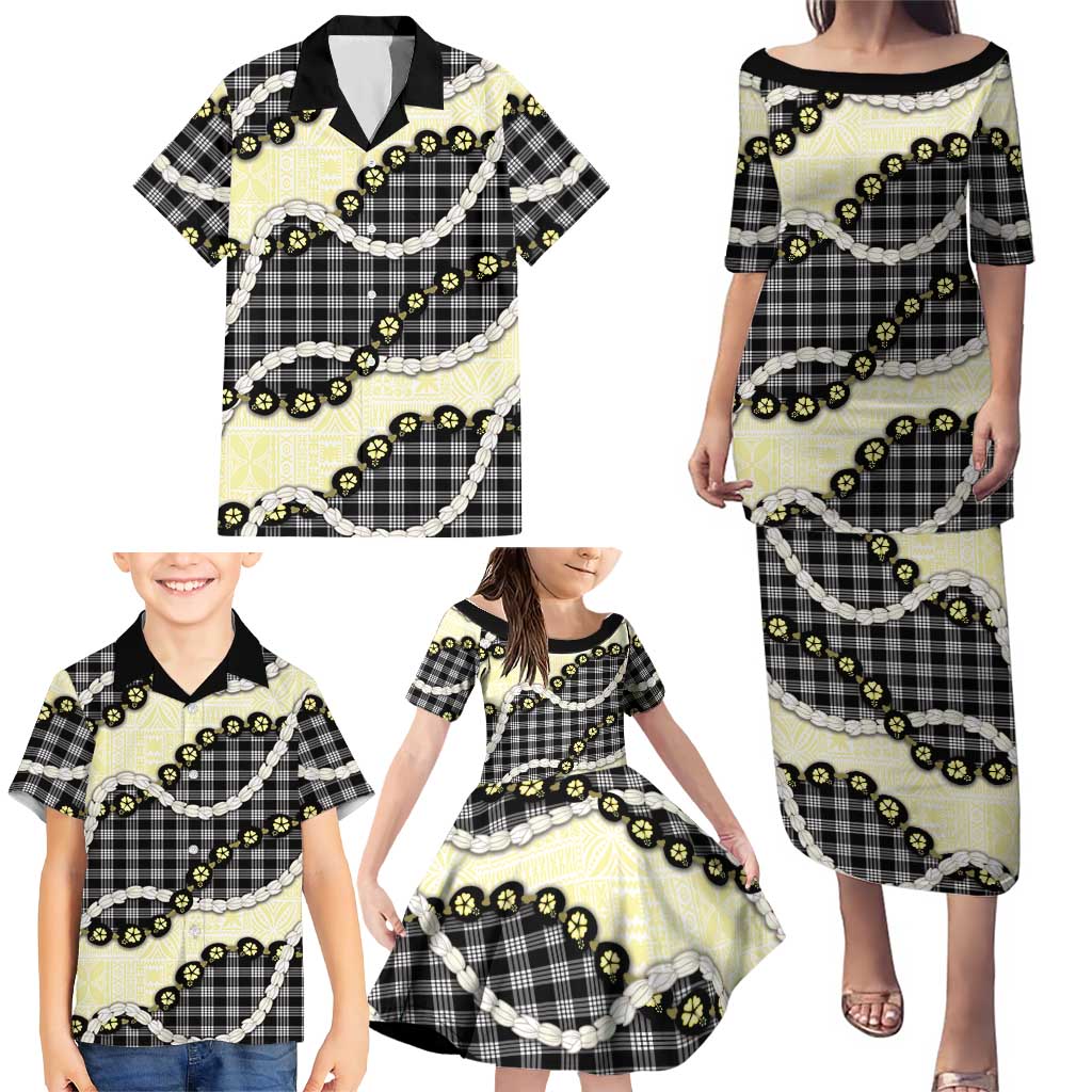 Black Palaka Hawaii Family Matching Puletasi and Hawaiian Shirt Kukui Nut Pikake Lei Hawaiian Tapa Pattern - Polynesian Pride