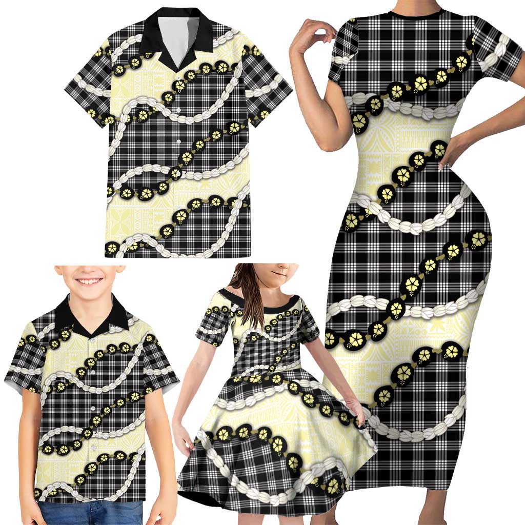 Black Palaka Hawaii Family Matching Short Sleeve Bodycon Dress and Hawaiian Shirt Kukui Nut Pikake Lei Hawaiian Tapa Pattern - Polynesian Pride