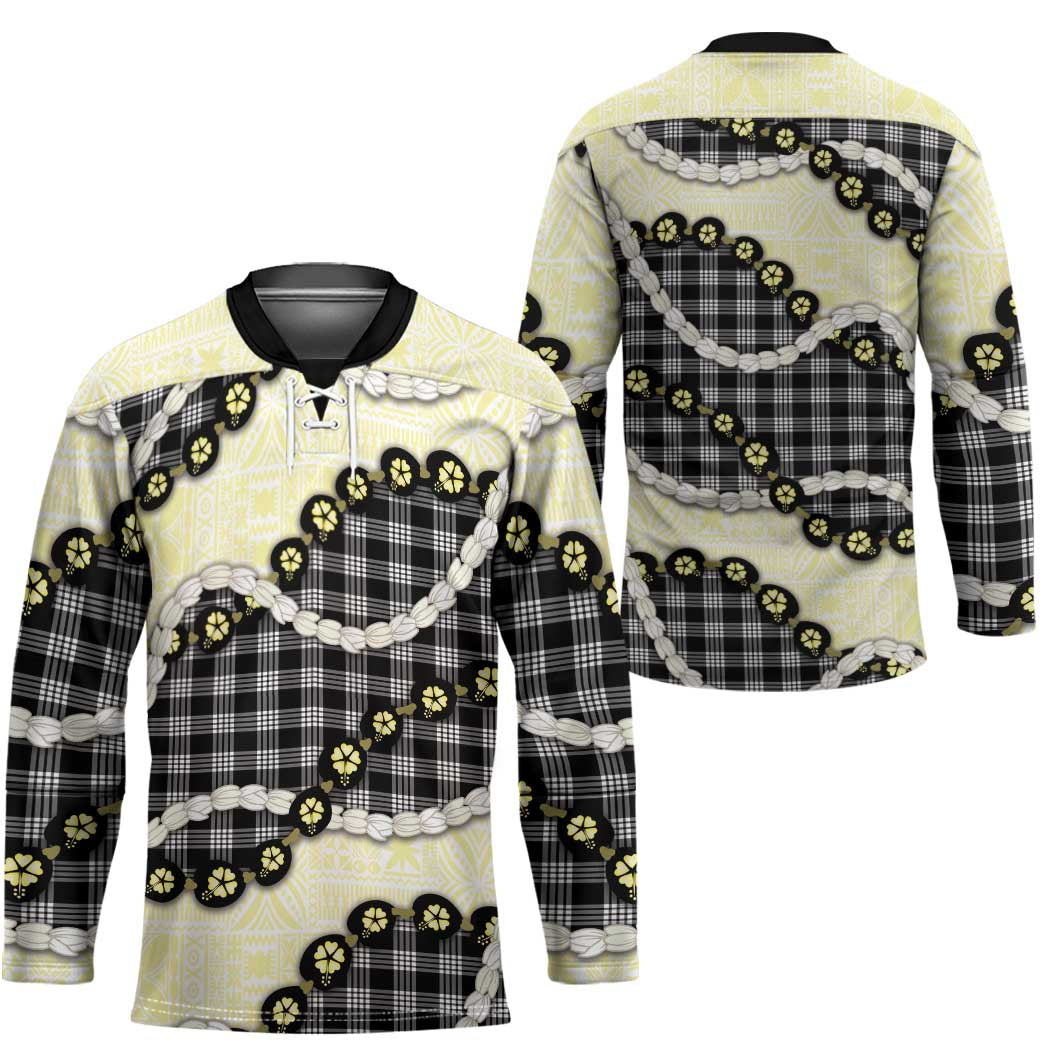 Black Palaka Hawaii Hockey Jersey Kukui Nut Pikake Lei Hawaiian Tapa Pattern - Polynesian Pride