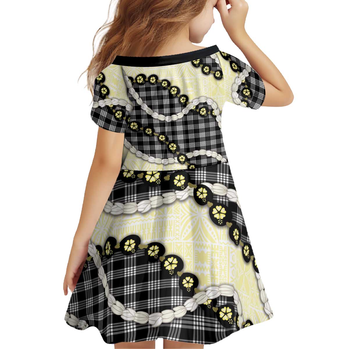 Black Palaka Hawaii Kid Short Sleeve Dress Kukui Nut Pikake Lei Hawaiian Tapa Pattern - Polynesian Pride