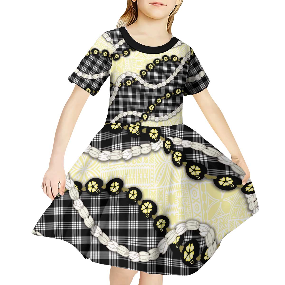 Black Palaka Hawaii Kid Short Sleeve Dress Kukui Nut Pikake Lei Hawaiian Tapa Pattern - Polynesian Pride