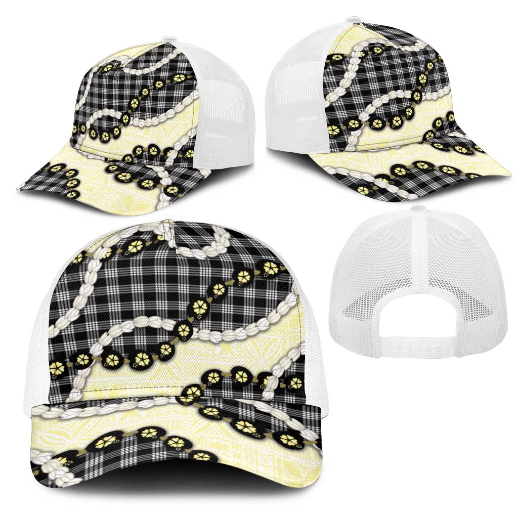 Black Palaka Hawaii Mesh Trucker Cap Kukui Nut Pikake Lei Hawaiian Tapa Pattern - Polynesian Pride